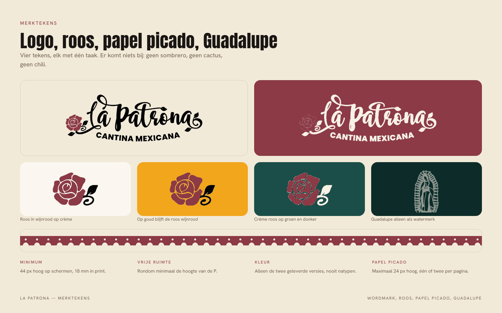 Logo, roos, papel picado en Guadalupe